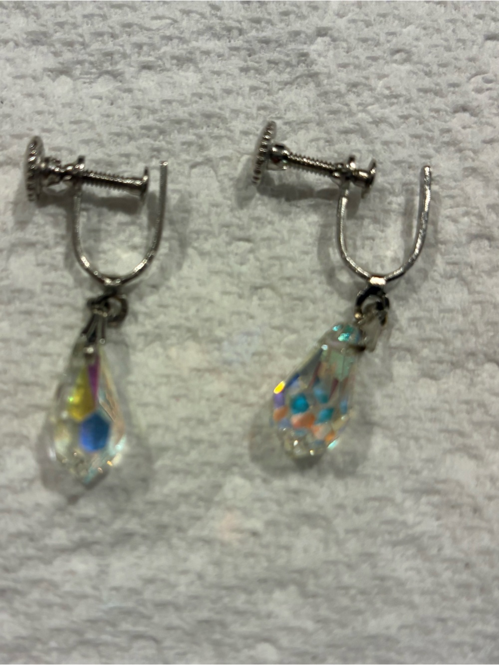 Silver Clip-On Earrings with Iridescent Teardrop Dangles